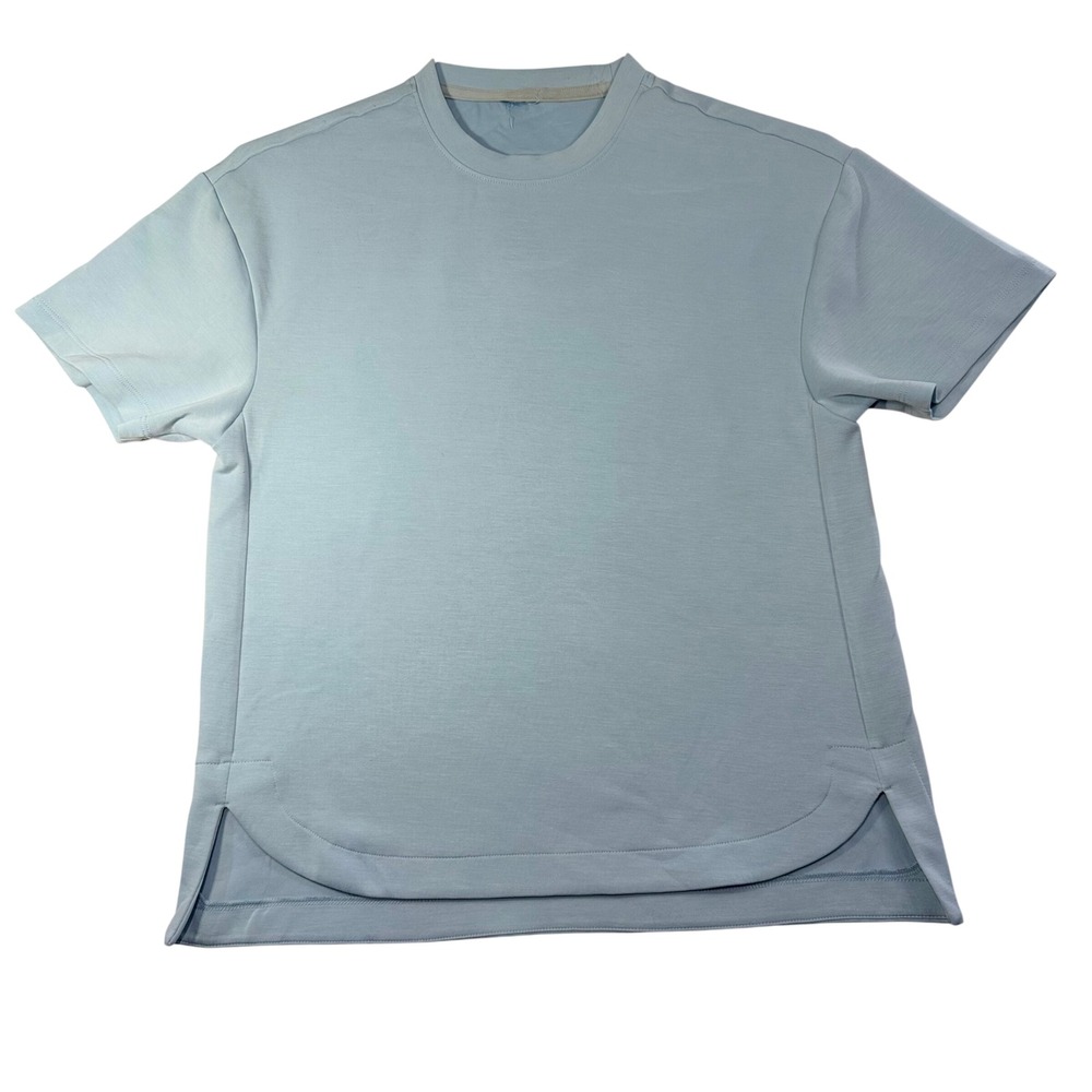 Light Blue Short‎ Sleeve Crewneck T-Shirt Curved Split Hem Minimalist Top